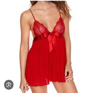 Victoria's Red Babydoll SZ Large Pleated Sheer Lace Ribbon Lingerie Fairy Sexy